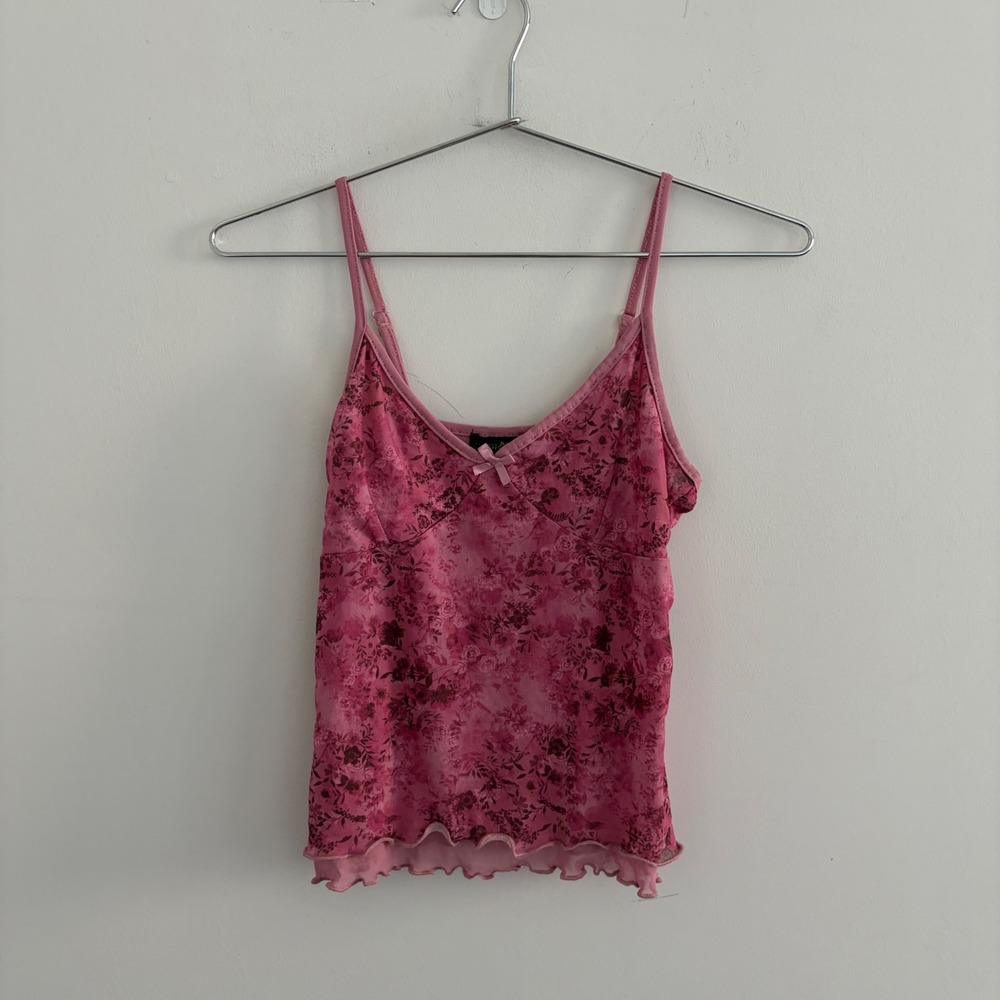 Almost Famous Pink Floral Mesh Camisole Top Y2K Fairycore Size M